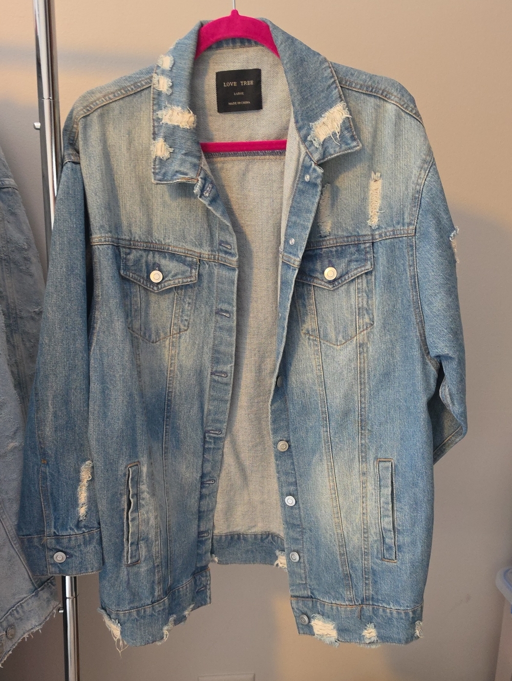 Love Tree Washed Light Blue Distressed Denim Trucker Jacket